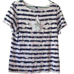 Karen Scott Womens XL Striped T-Shirt With Star Design Cotton Navy & White Short